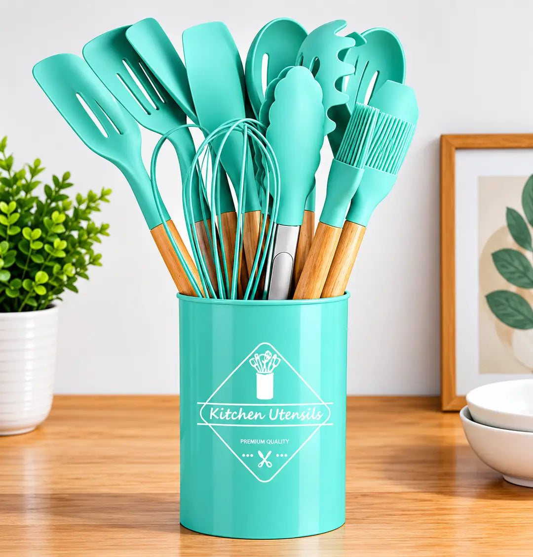 Premium 12 Pcs Silicone Kitchen Utensils Set with Wooden Handles – Heat Resistant Non-Stick Cooking Tools