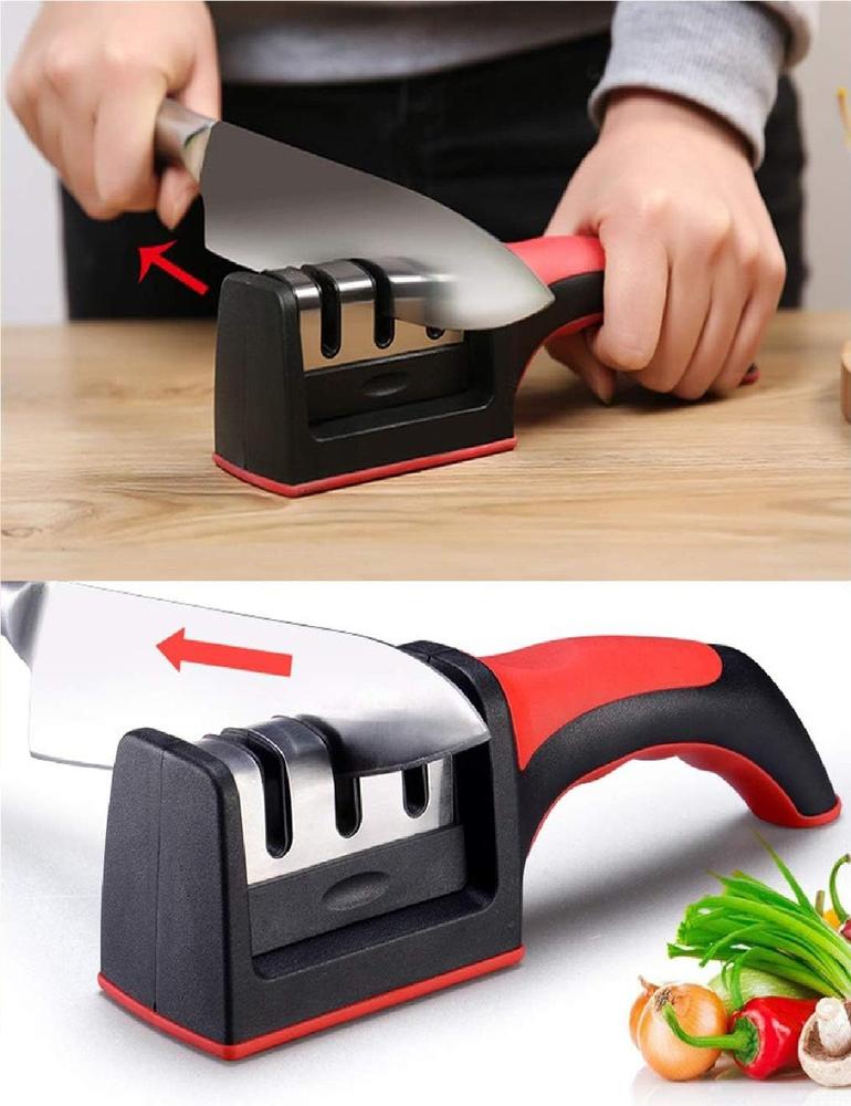 3-in-1 Knife Sharpener Stainless Steel in Black & Red